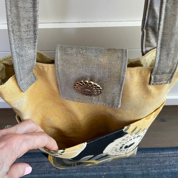 Hand Crafted Fabric Abstract Floral Print Tote Bag w Pockets Yellow Grey Blk - Picture 4 of 12